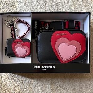Karl Lagerfeld Black and Red Heart Bag gift set with wallet and keychain